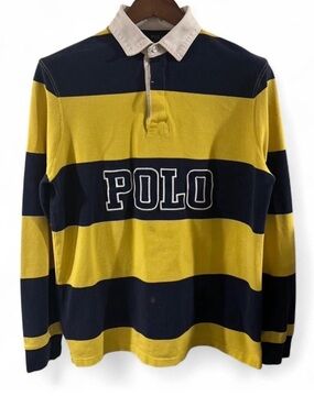 Y2K Men’s Polo Ralph Lauren Striped Yellow/Navy Rugby Polo Shirt Size Medium